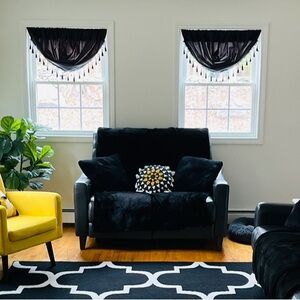 Set of 3 Elegant Black Swag Curtains with beaded fringe